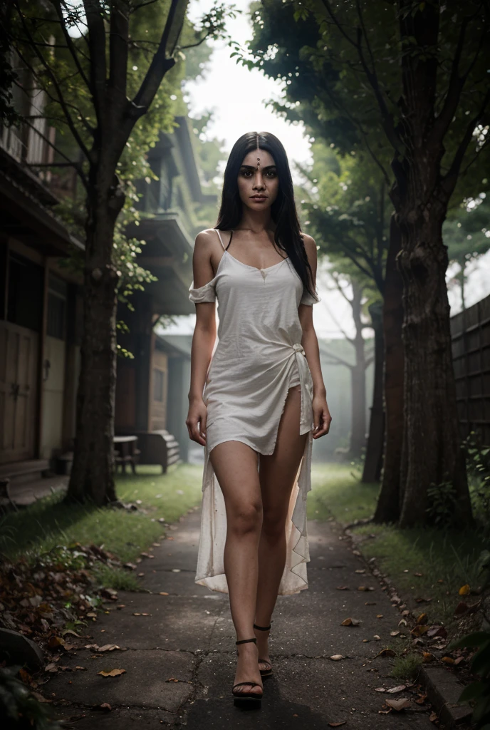 A highly detailed and hyper-realistic depiction of a princess in green skirt, in blue shirt, wearing white panties, Realistic hands. ((full body)), mybeauties, The perspective is from below. ((Full body, bare feet)). The character is surrounded by mist, evoking a mysterious and eerie atmosphere. The lighting is dark and atmospheric, with a red smoke adding a touch of sinister ambiance. The image is of the best quality, with a resolution of 4k and HDR enhancement, showcasing the utmost level of detail and realism, sfw, full body shot.