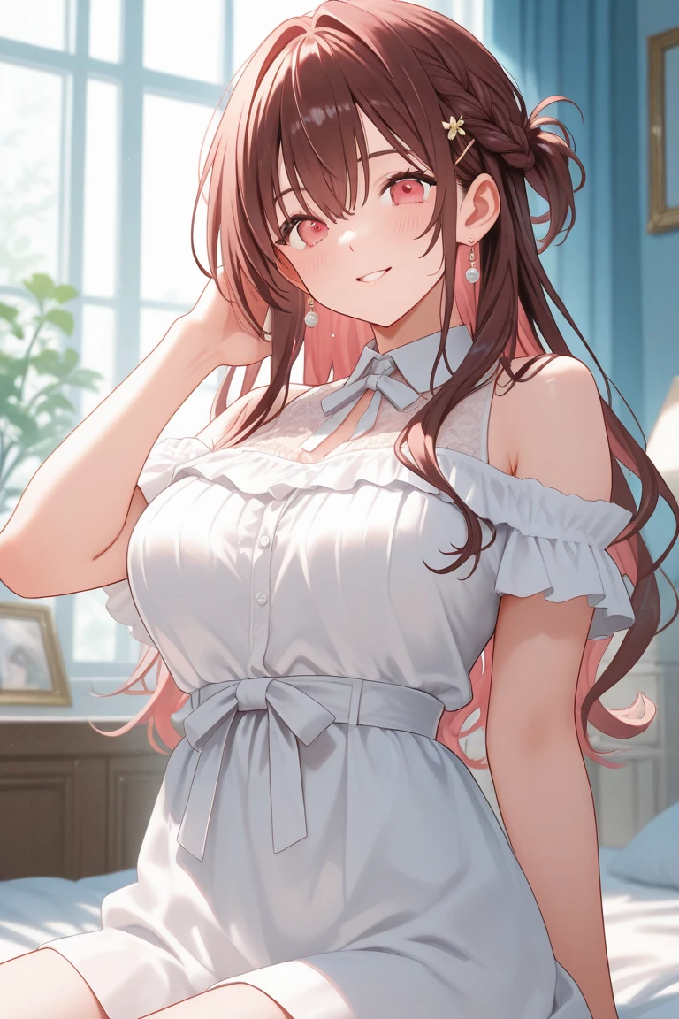 Anime, teenage girl, big breasts, Long hair light brown color, light brown eyes, blushing, smooth white skin, Looks very cute, Gentle and neat personality, Shy, Agasshi., Small and short, Wearing lace lingerie