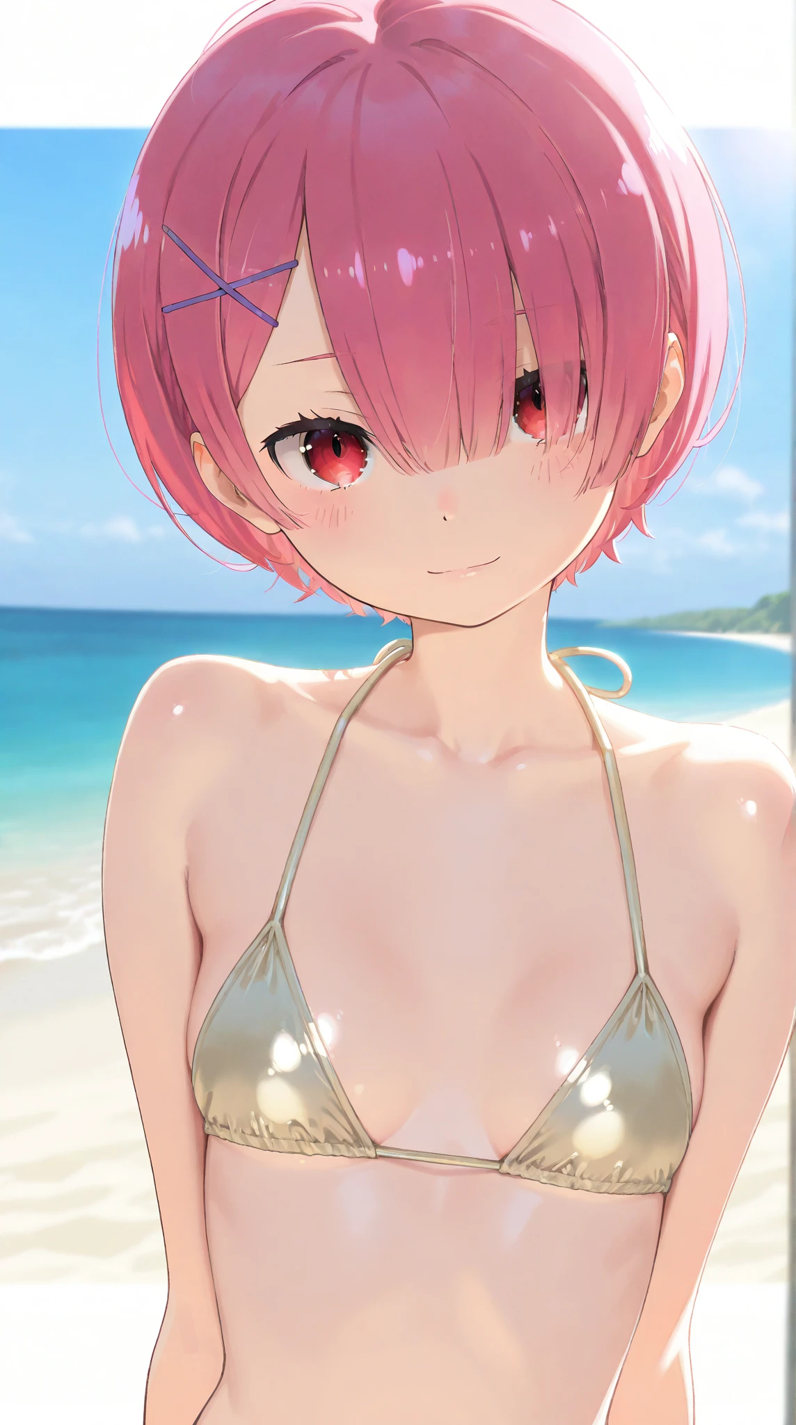 ichikanakano, ichika nakano, short hair, bangs, blue eyes, hair between eyes, pink hair, Black ribbon in hair, butterfly ribbon, (black bikini skirt:1.3), highest quality, High resolution, unity 8k wallpaper, (beautiful and fine eyes:1.4), highly detailed face, perfect lighting, (perfect hands, perfect anatomy), extreme close up, sea background, best smile