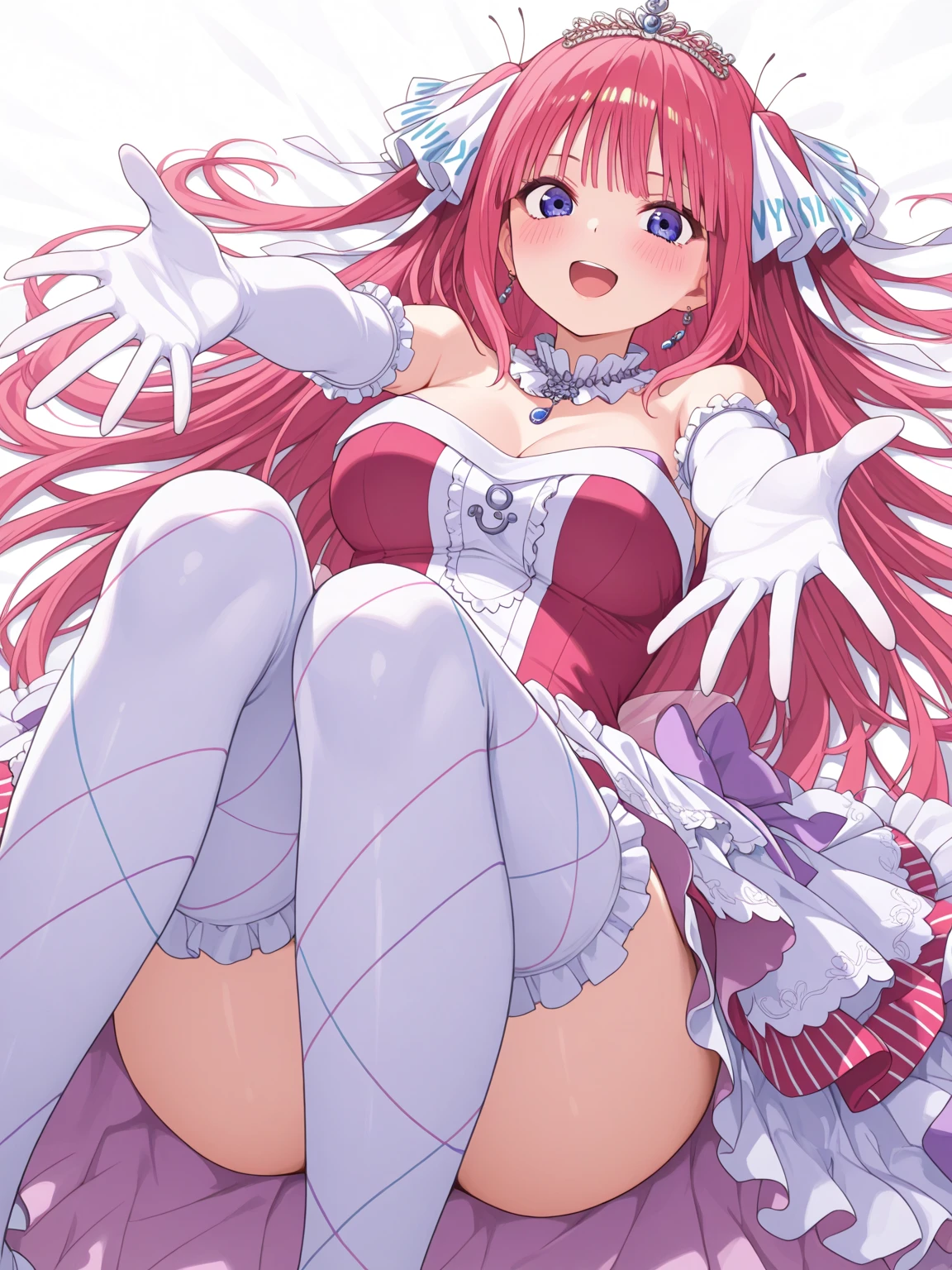 <lora:pillow_sex_v0.3:1.5>,<lora:Medb05:0.6>, medb \(fate\),standing,white shoes,crown,white skirt,black socks,(full body:1),(gigantic breasts:1),white pillow (humping:1.5), crotch rub,on bed,white (large pillow:1.5),smile