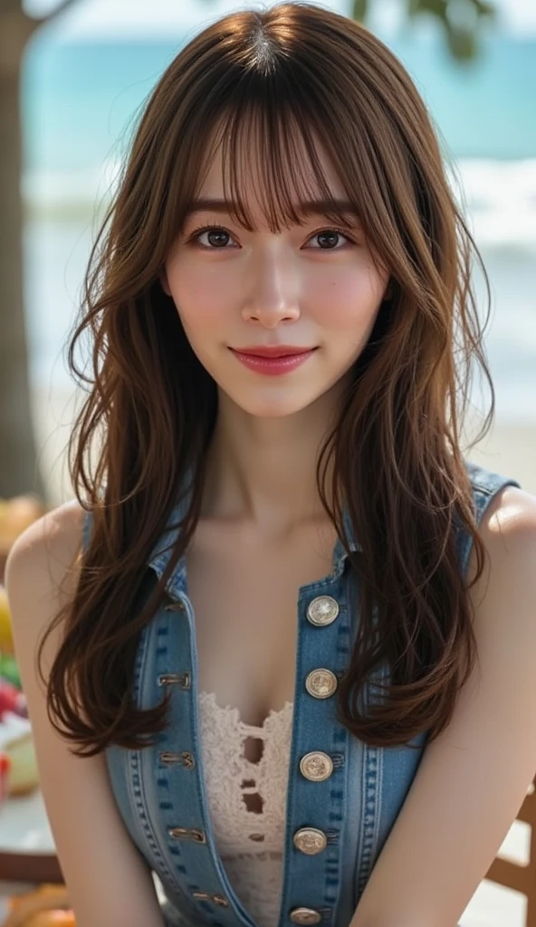 Full Body Angle、((highest quality, 8K, masterpiece: 1.3)), concentrated: 1.2, Cute girl 1,Nipples erect、 Perfect beauty: 1.4,Crisscross V-neck T-shirt, Casual summer short sleeve t-shirt: 1.2,Long sleeve、Randall Color、comics&Text Graphics、Black ruffle-trimmed drawstring zip blouse,1.1, Highly detailed face and skin textures, Fine grain, double eyelid, whitening skin, ,highest quality,Ultra-high resolution,you,1 girl,alone,_Shiny_skin,Iris,necklace,((Brown_length_Wavy_hair)),(lips)),eyelash,Front hair,deal with,compensate,Shiny,pore,skin texture,Large Breasts、smiling face、Front hair、garden、