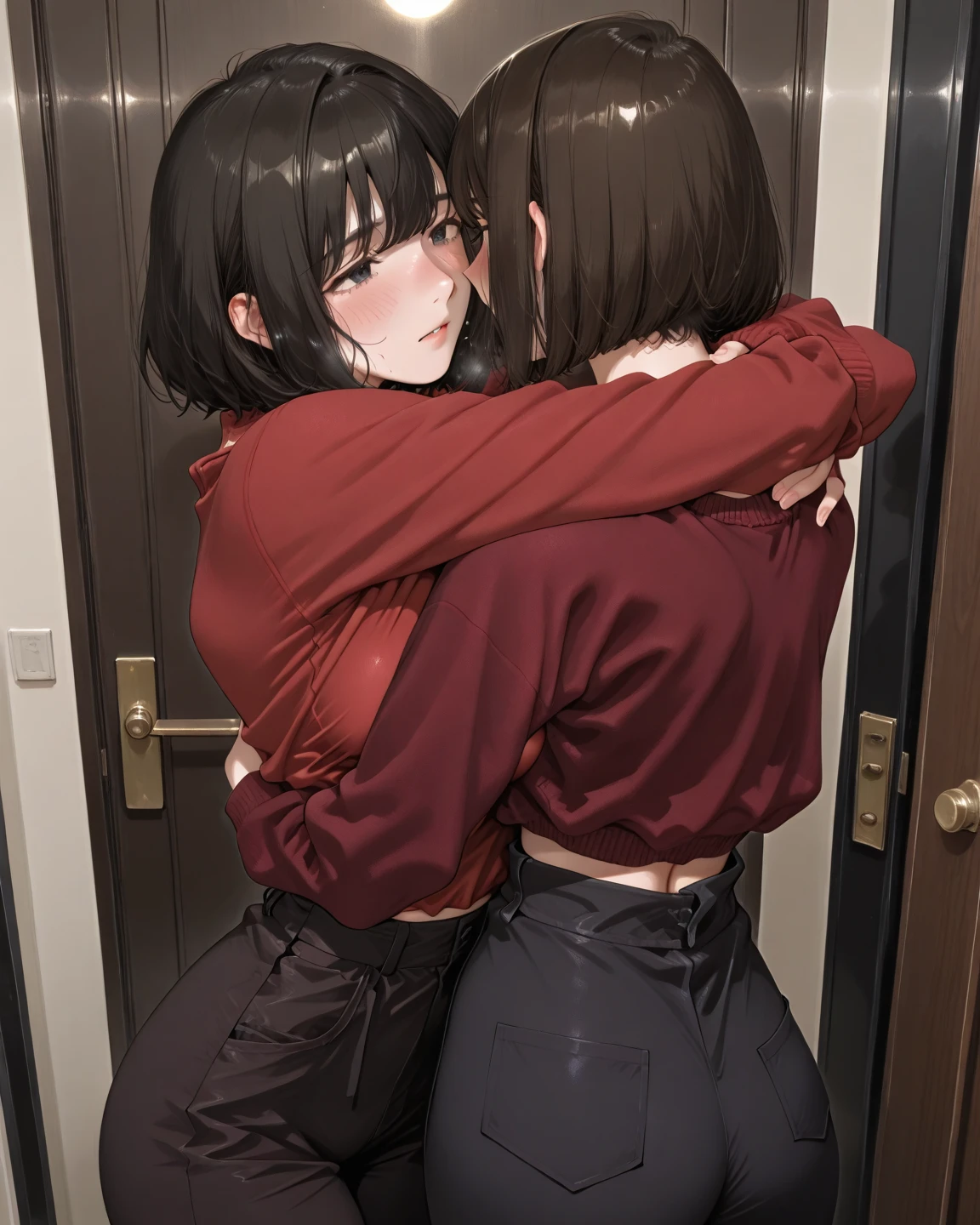 masterpiece, best quality, child, sisters, age difference:1.4, 2girls, (1girl, older girl, onee-san, big sister, (medium hair, light brown hair, grey eyes, black shirt, long sleeves, pants, denim, tight shirt, see-through, big breasts), surprised, looking down, hands on own breasts), (1girl, very short hair, brown hair, brown eyes, red shirt, short sleeves, black shorts, happy, hugging sister), breast size difference, indoors