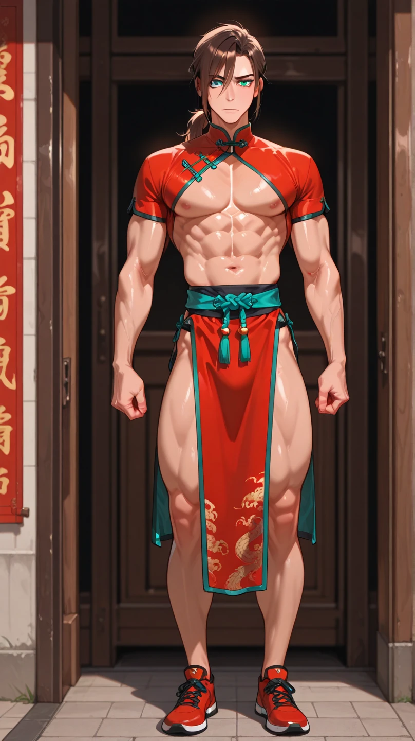 (photorealistic, masterpiece, best quality), handsome asian male, chinese man, young, slim athletic body, wearing only a loincloth, artistic and magical background, chinese mythology, lunar new year inspired, year of the dragon, reds and golds, fantasy art, comic artstyle