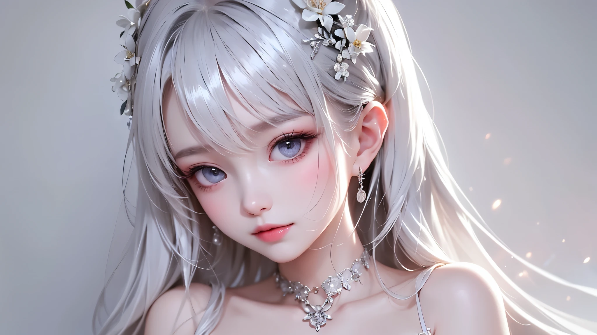 Photorealistic, High resolution, 1 Women, Solo, hips up high, Beautiful eyes, Close lips, Detailed face, White hair, Long hair, Collared shirt, loose black necktie,Black skirt, pencil skirts, Fur coat, Black stockings、off shoulders、