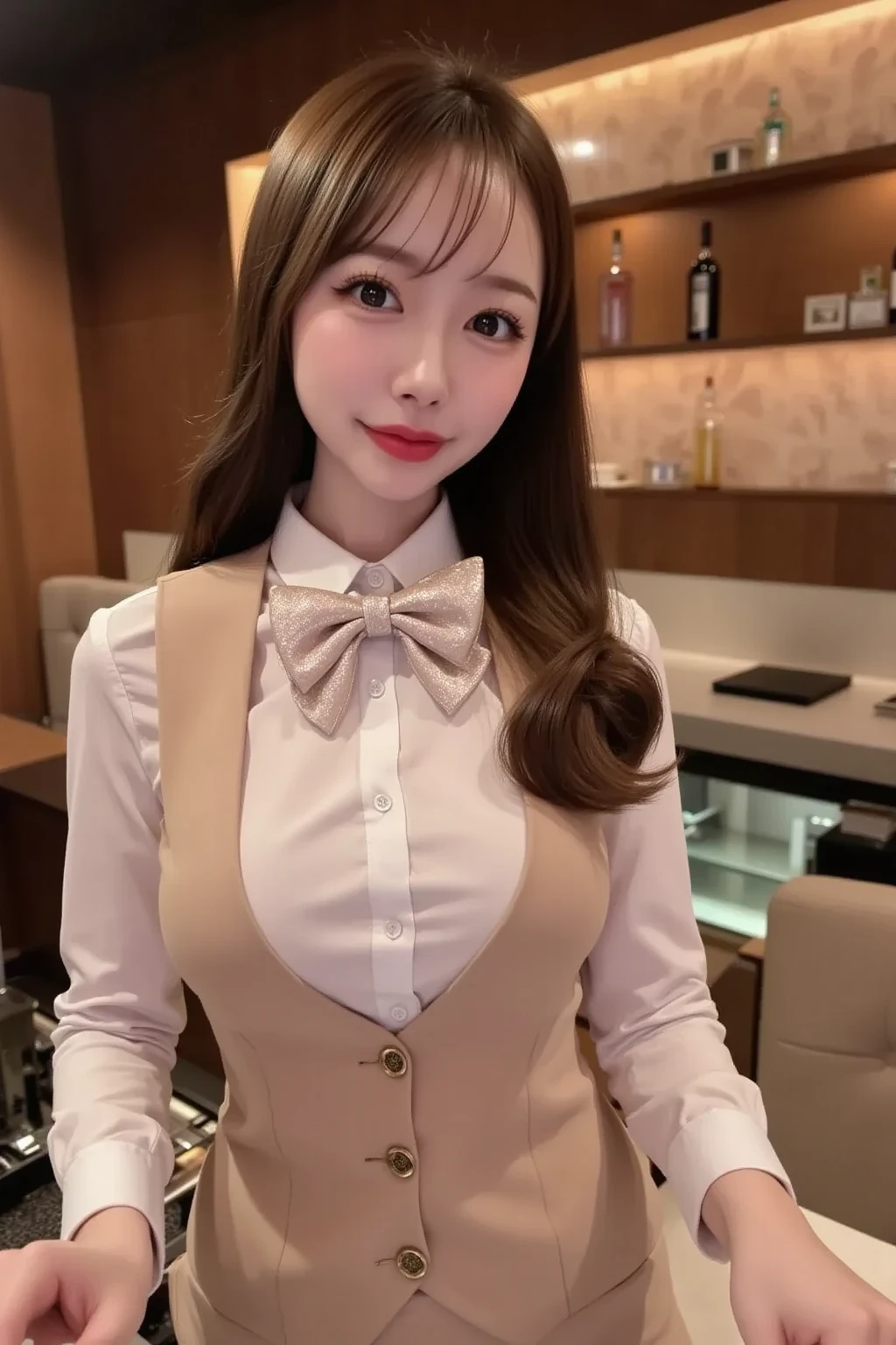 Woman in vest and tie、Silk stockings、In the street、fullllbody、top-quality、ultra-detailliert、超A high resolution、(Photorealsitic:1.8)、Saika 1、Erotic face、looking at the viewers、a smile、natural soft light、huge tit