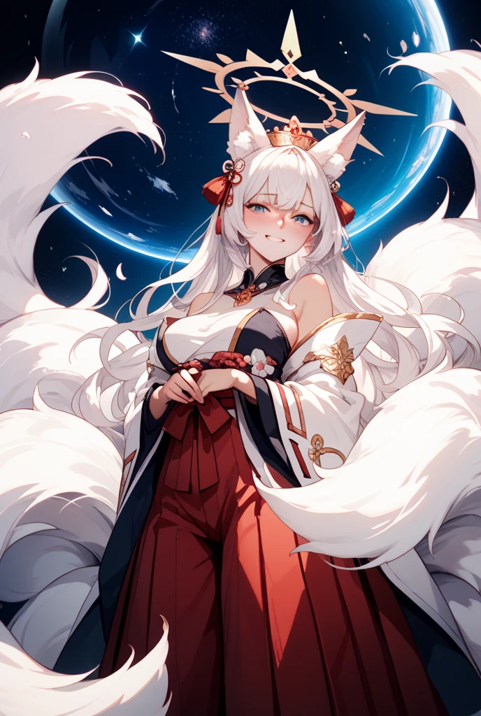 kitsune, 1tail, huge breasts, smiling,