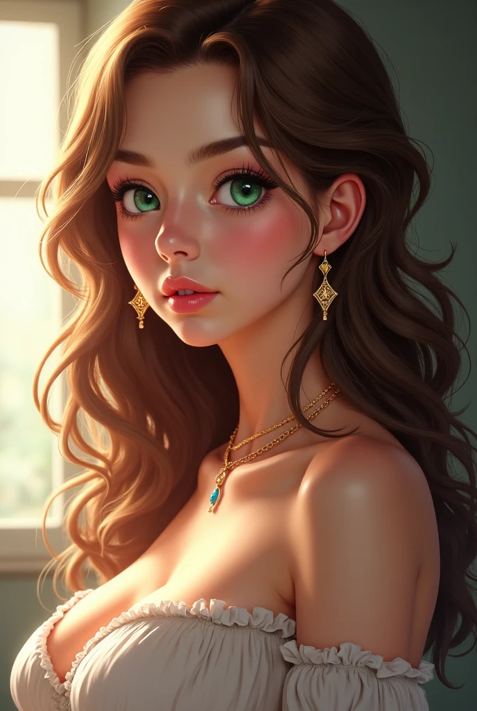 Make a girl with green eyes,big boobs, brown hair, and cute