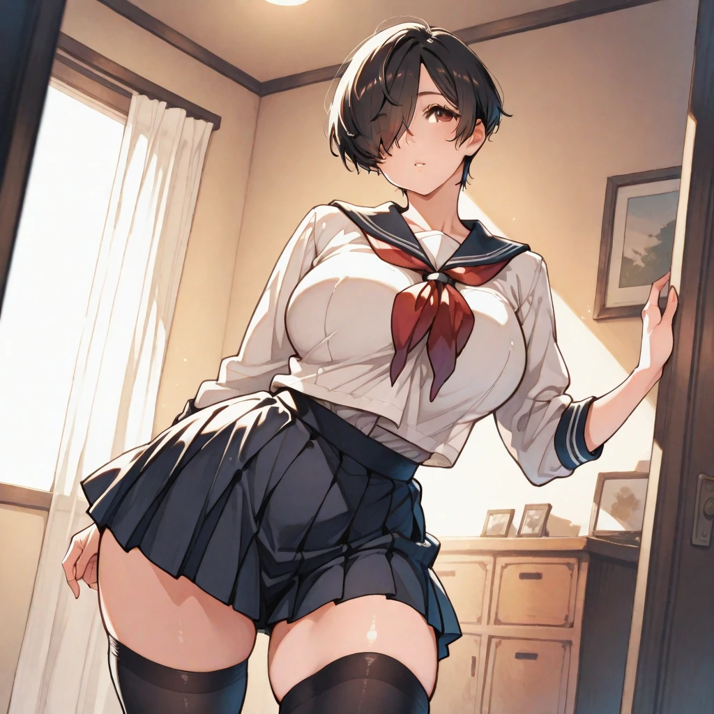 4k HD,perfect,Exquisite,girl,Black ponytail,Small Breasts,full body portrait,((Rope restraints, arms behind the back, hands behind the back, rope restraints, hand restraints, rope restraints, feet rope restraints, groin, slim figurecollar,in the bedroom)),((school uniform)),Shy