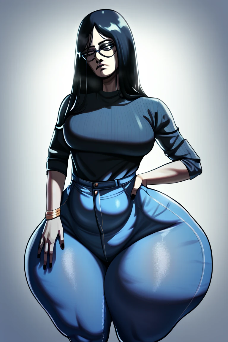 (Curvy:1.8), latina, (1girl), (straight black hair), (wearing skin tight jeans:1.4), (tan skin:1.4, (hourglass shape), (thick thighs:1.6)
