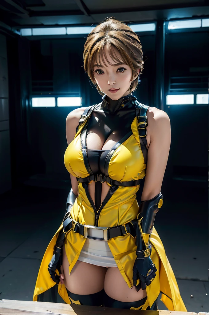 takamori haruka、最high quality、high quality,, ((Masseter muscle area)), ((High resolution)), ((最high quality)), ((Ultra-realistic texture)), detailed, ((Glowing Skin)), (Shiny Yellow Bondage, Ripped black hot pants, Black muffler), Big Tits:1.5, Voluptuous bust, exposed navel, Bowl-shaped big breasts, (View from the front, Looking at the audience:1.5)、((background:Inside the futuristic facility:1.4))