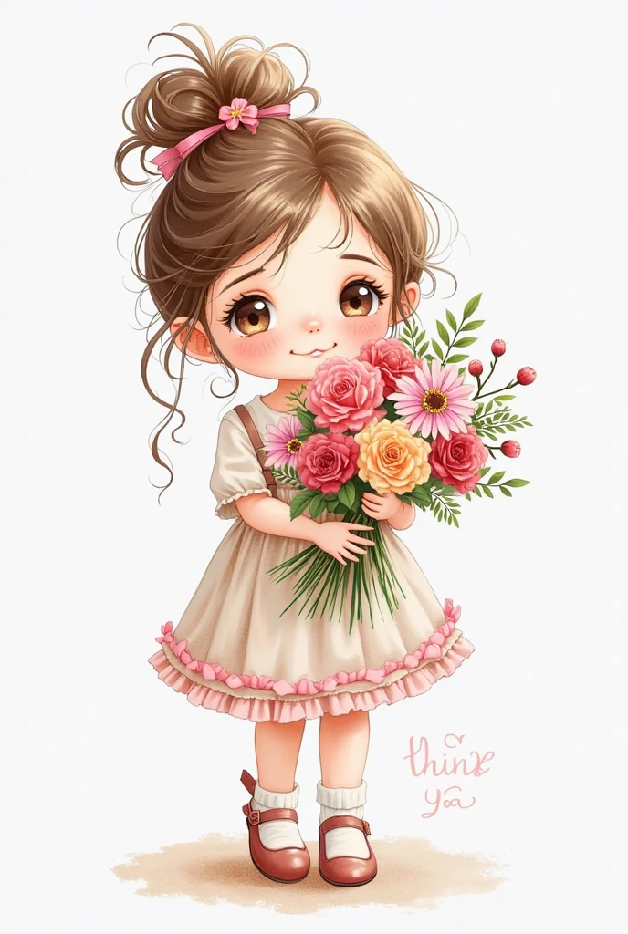 white background,baby girl,wearing cute purple shade lace frill frock,she holding large bunch of flowers,some flowers are falling down,nice smiling face