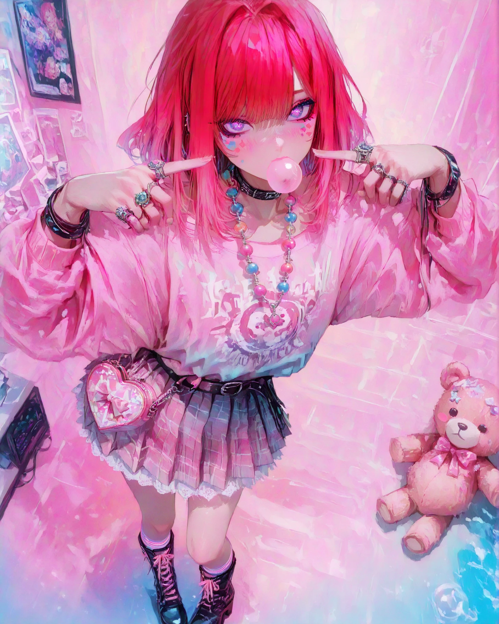  A beautiful woman (beautiful curves), with long red hair with pink tips and bright purple eyes (eyes rich in detail), (detailed eyes) with pink and orange ombré hair, She wears an oversized sweatshirt in pastel colors, with a print of an anime character melting as if it were made of bubble gum. The sleeves are long and fall past her hands, with lace appliqués at the ends. Underneath, there is the collar of a white, Victorian-style ruffled shirt, creating a contrast with the modern sweatshirt. She wears a short pleated skirt, made of plaid fabric in shades of pink and lilac, with a voluminous petticoat that makes the look even more eye-catching. White 7/8 socks with pink satin bows adorn her legs, matching giant platform boots in baby pink, with silver details and neon laces. Accessories are plentiful: a belt with small stuffed animals hanging from it, colorful plastic necklaces with letter beads, layered bracelets, and exaggeratedly large rings on each finger. Her hair, dyed in a gradient from blue to pink, is held up with clips in the shapes of stars and teddy bears. She also carries a small glittery heart-shaped purse, carrying stickers and candy inside. The makeup is vibrant: bold blush, colorful eye shadow (one color on each eyelid), and circle lens contact lenses that give the appearance of doll eyes. The whole style conveys a rebellious, ish and extravagant energy, typical of decora kei and fairy kei. In your room with a gamer computer in the background, making a cute pose, dynamic angle, cinematic photography. The art style is detailed and colorful, with soft dynamic lighting and slightly 3D anime shading, in high resolution. 