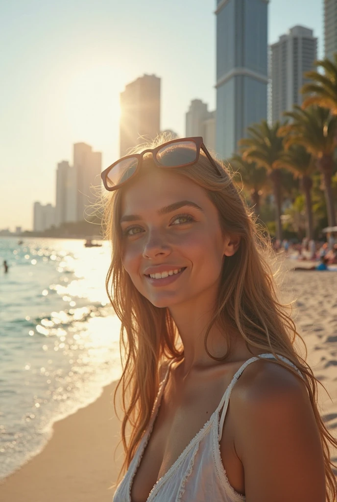 create an influencer,blonde hair,Scandinavian,light eyes,light brown skin,spotty,girl next door,sundress,sunglasses, in Dubai, twilight,Natural photo, no photoshoot