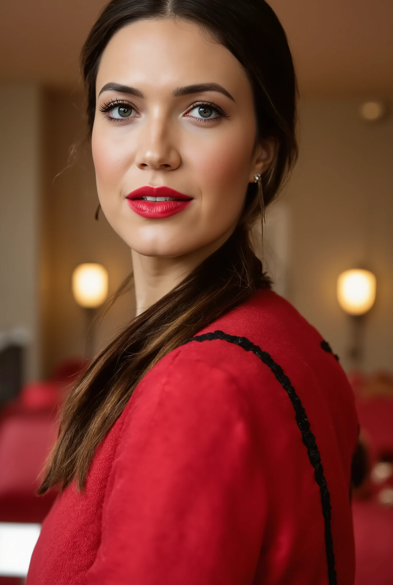 beautiful woman, Hayley Atwell, 1fille,buisson,Fille-fille,Robe porcelaine,chinese clothes,fleur de cheveux,(Masterpiece:1.4),(Best quality:1.4),(peau brillante),red lips,Regarder le spectateur,gros seins,Harelip