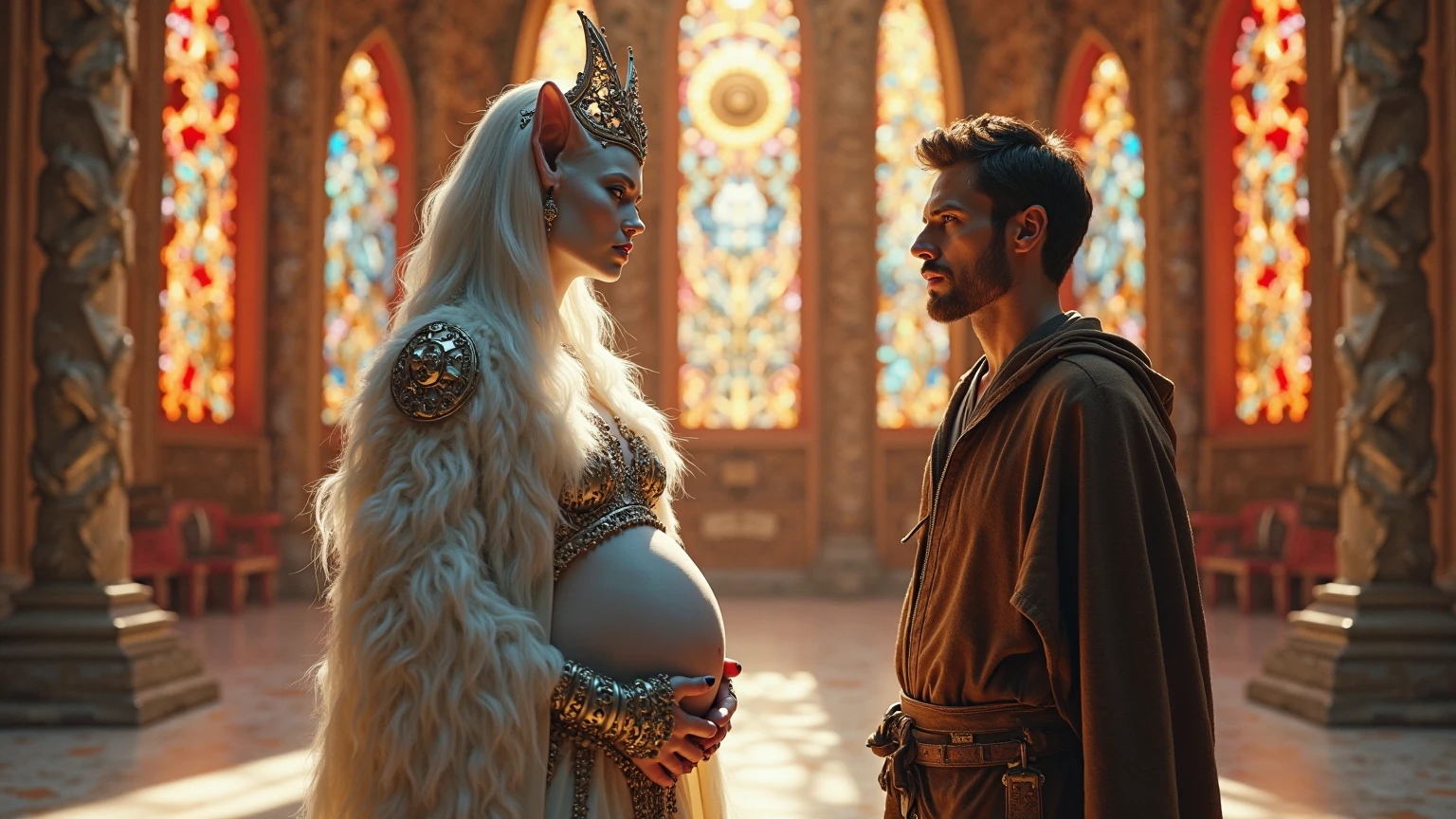 Depict five siblings, the first child is a king wearing a crown and there is a boy hiding behind him, the second child is a white-haired woman carrying flowers in her hand, the third child is a pregnant woman, the fourth child is a man carrying a book in his hand and the fifth child is a knight carrying a sword in his hand, behind them is a large throne