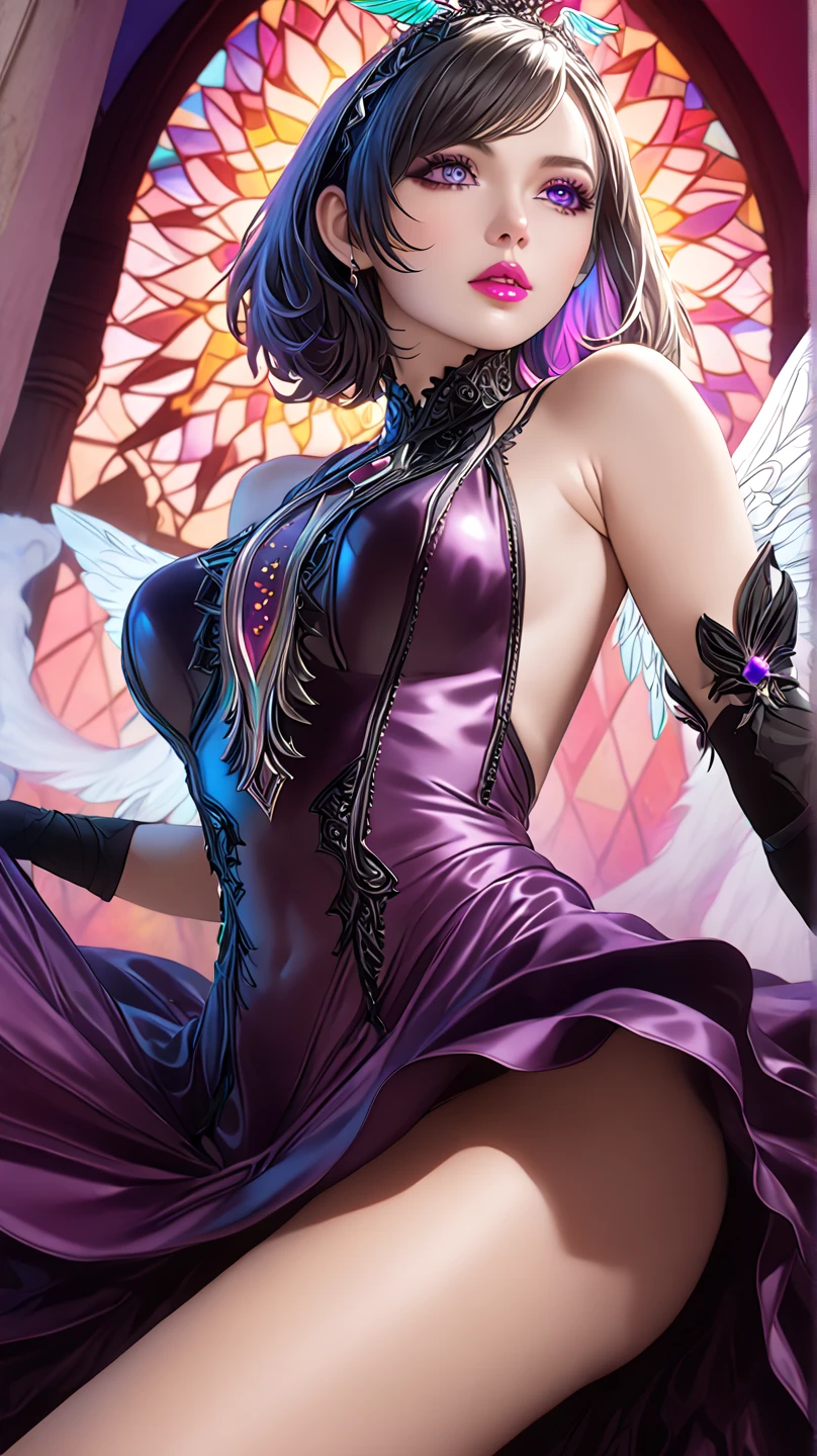 A female with medium breasts, slim body, cleavage, bare shoulders, black hair, colored flowers bed, particles, light rays, (masterpiece, top quality, best quality, official art, beautiful and aesthetic:1.2), (1girl:1.3), extremely detailed,(fractal art:1.1),(colorful:1.1)(flowers:1.3), highest detailed,(zentangle:1.2), (sitting pose), (abstract background:1.3), (shiny skin), (many colors:1.4), (earrings:1.4), (feathers:1.4), (tight silk dress:1.2), (shiny skin), (many colors:1.4), (earrings:1.4), proper eyes. slight smile, sweet, beautiful.