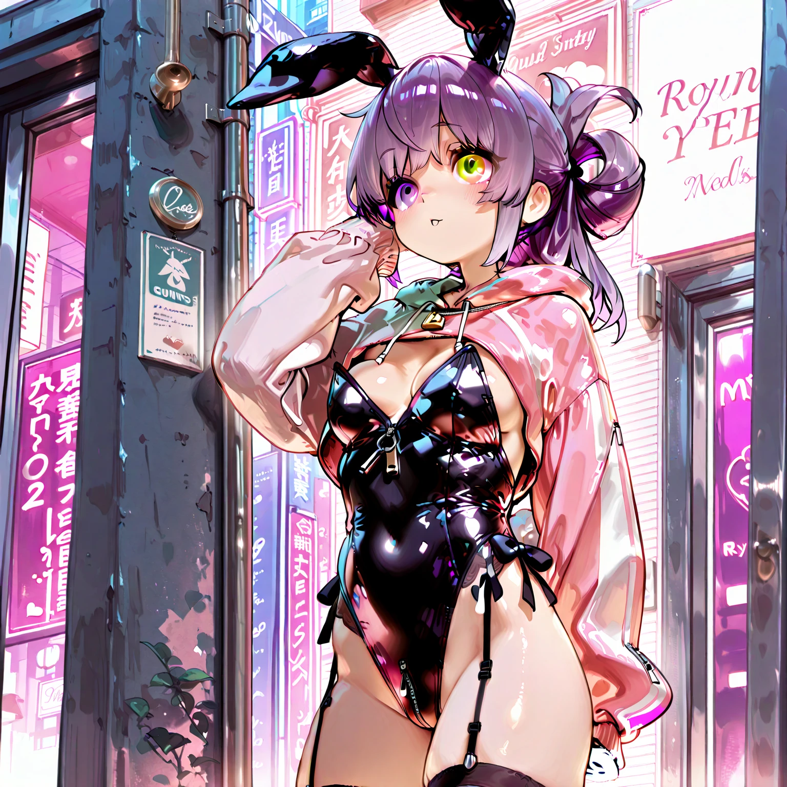 Gray hair, semi-long hair, purple eyes, shining eyes, fishnet stockings, blush, mature, bunny, casino