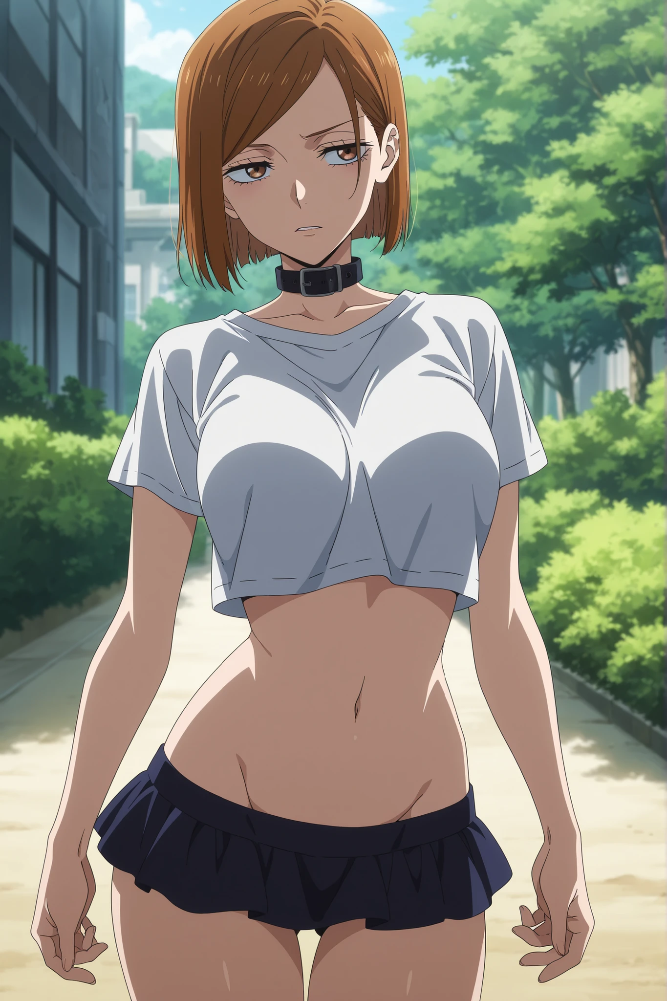 (masterpiece), (best quality), (ultra-detailed), (best illustration), (best shadow), (absurdres), nobarakugisakinova, short hair, orange hair, (((brown eyes))), kugisaki nobara, ((, wearing black mini bra with skinny jeans , large breasts ,cleavage , large nipples )), 1girl, solo, bangs, closed mouth, hevely blushing , looking at viewer, upperbody body