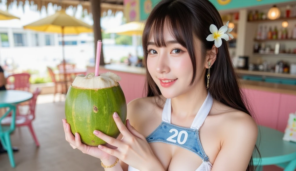 Beautiful girl, beautiful figure, big breasts, Lingerie mint colour,The background is a durian warehouse. Sitting front-on poses