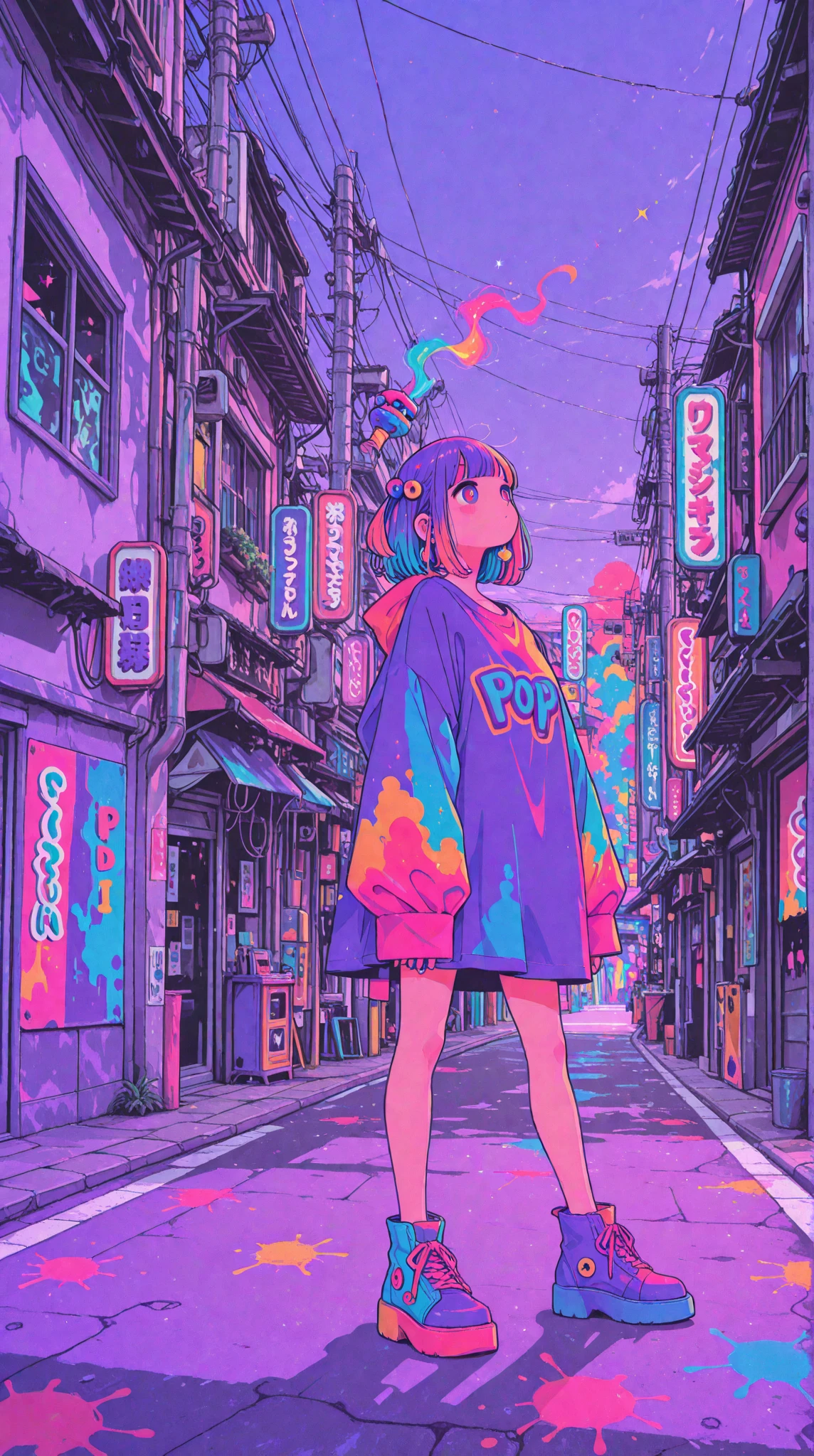 One girl,Back Shadow Splatter,paint splatter sweatshirt,Off-the-shoulder garments,Baseball cap,Alchemy Research Institute,Mysteries of the Uncharted Territories,Put your hands in your pockets,Random colorful long hair,Shoulder-length hair,Iris,game scene graph, Rainy street background