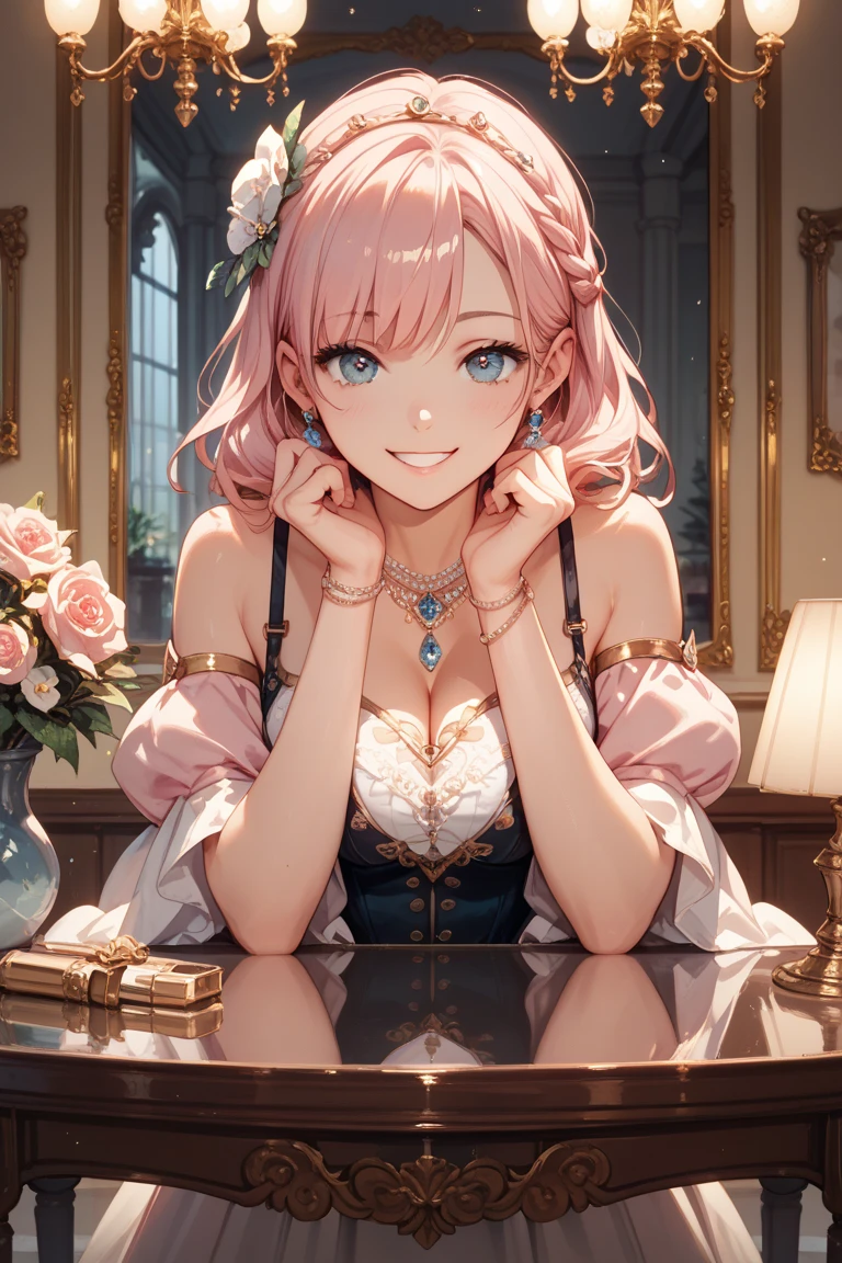 A young princess, beautiful, short pink hair, green eyes, wearing luxurious jewelry on her neck, wearing a low-cut pink dress, has medium tits, her face shows a perverted smile, she is in a luxurious room in a castle