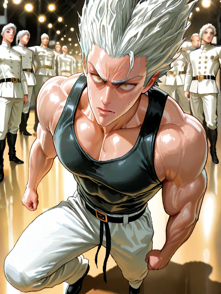 8k,high resolution,Hünkel,bandage,Silver Hair,Hulk-like body,(((18-year-old boy,Huge penis))),((Being pinned down by black tentacles)),Open your arms wide and clench your fists,Open your mouth wide,Wide, unfocused eyes,Many protruding veins,((Black tentacles attack from behind,The black liquid hits my solar plexus with force.:1.5)),Full body images,Painful expression,Grey undershirt,Huge erect penis,A lot of sweat, tears, drool and semen,In the middle of the Colosseum,Gives off an evil aura,Stand up and hold your chest out,Toned Muscles,rape,The demon takes over your body,Laser on chest,stand up