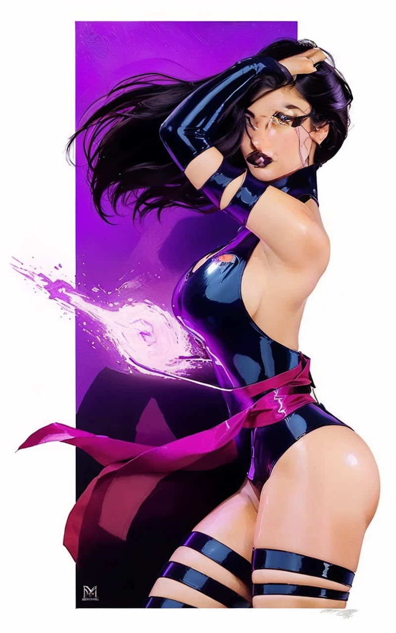 Psylocke with big breasts and beautiful legs stands blushing。