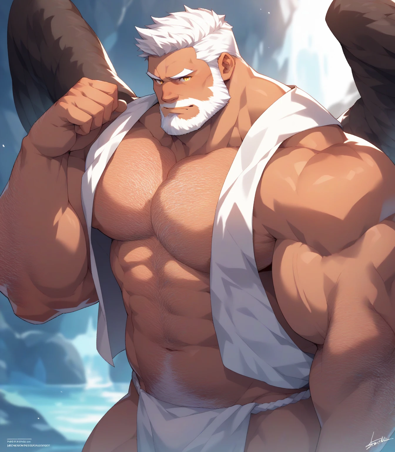 Pixar, dad, big pecs, big arms, belly, shirtless, in white boxer briefs, big legs, age 60, white hair, furry chest, bearded, horny