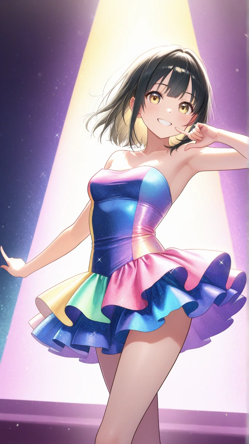 1girl, 
 <lora:Colored_Lines_Background:1>stage lights,  idol clothes, microphone,