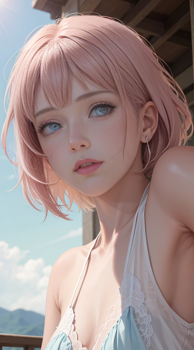 (best quality, masterpiece, perfect face)from below view, pink hair, 18 years old girl, medium tits, sweaty, beach,