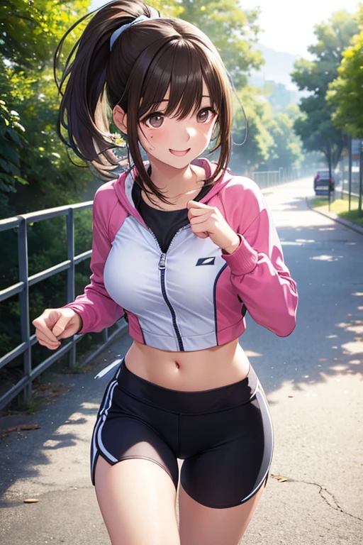 masterpiece,best quality,highres,ultra-detailed,hinatsuru ai,long hair,ahoge,low twintails,<lora:hinatsuru_ai:0.8>,sports bra,(leggings:1.2),outdoors,cherry blossoms,smile,sweat,running,ponytail,