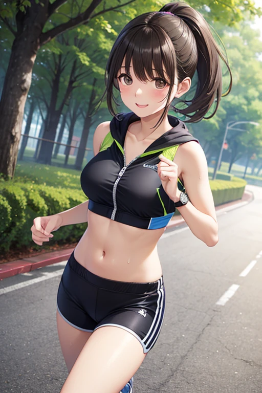 masterpiece,best quality,highres,ultra-detailed,aaasuka,long hair,glasses,red-framed eyewear,<lora:tanaka_asuka:0.8>,sports bra,(leggings:1.2),outdoors,cherry blossoms,smile,sweat,running,ponytail,
