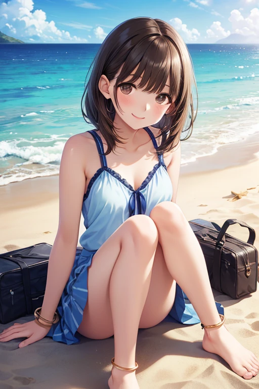 ((Highest quality)), ((masterpiece)), (detailed), Perfect Face, 1girl , black long hair , Sweat、smile , (knees up , Open wide legs ) , cinematic angle , Beach、bench , sit , Blue dress , front view , white panty