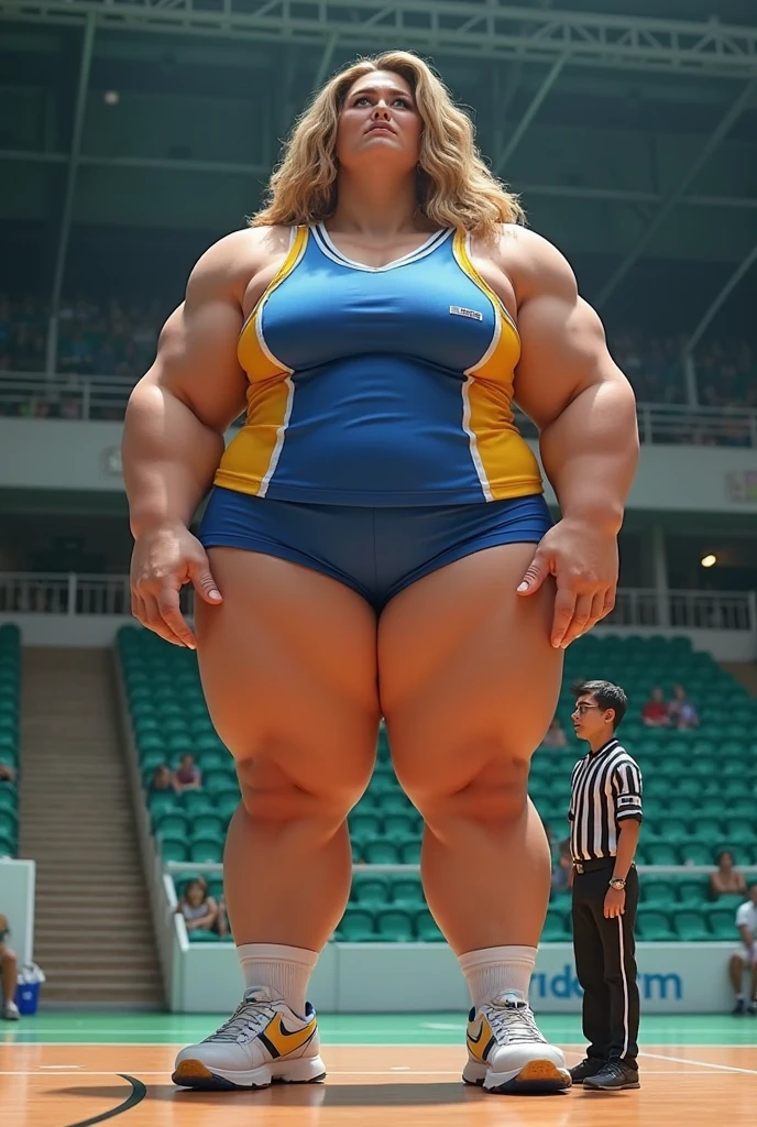 1girl, breasts, solo, background, sitting, outdoors, random color hair, ((ponytail)),looking at viewer, running shoes, ((stoop down)), day, big breasts, ((light yellow color leggings)), mole, knees up, mole on thigh, underwear, arm support, ((syblue color sports bra)), nail polish, bare shoulders, shorts, parted bangs, panties, cleavage, building,thighs, brown eyes, bra, black eyes, collarbone,distinct,shining materials,(At gym),(((full body))),(((with sweat))).(((smiling))), plump, fat, (massive thighs:1.6)