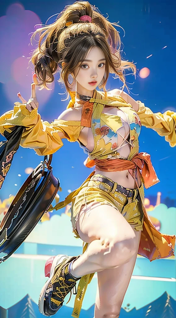 masterpiece, 1girl, (solo:1.5), yuna, (full figure:1.1), green left eye, blue right eye, Blue long tassel earrings, short brown hair, green left eye, necklace, Yellow kimono belt, White pink kimono, white top, sleeves, Blue pleated skirt, black boots, heterochomia, jumping, flapping shirt, white panties