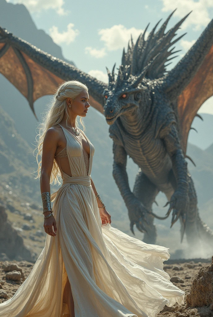 Game of Thrones Heroine,Daenerys Targaryen,Royal_Dragon,(highly detailed CG Unity 8k wallpaper,tmasterpiece,Best quality,Ultra - detailed,beautiful detailed eyes:1.2),best lighting,(Best shadow,extremely refined and beautiful ,Full bloom),The girl is surrounded by dragons,(1girll:1.4),nedium breasts,single,full bodybian,tattooed back,white dresses,(colorful dragon:1.4),bare leg,long skirt,