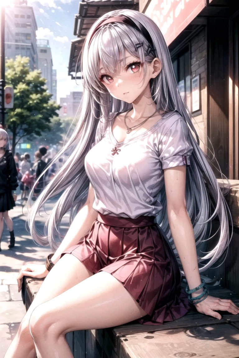(Highest quality, High resolution, Very detailed), (Two Girls:1.3), Silver Hair, Long Hair, Reddish brown eyes, sweater dress, lace ?????, ?????????????, 24th generation, Beautiful woman, mature, quiet, Calm, A small smile, city Street,