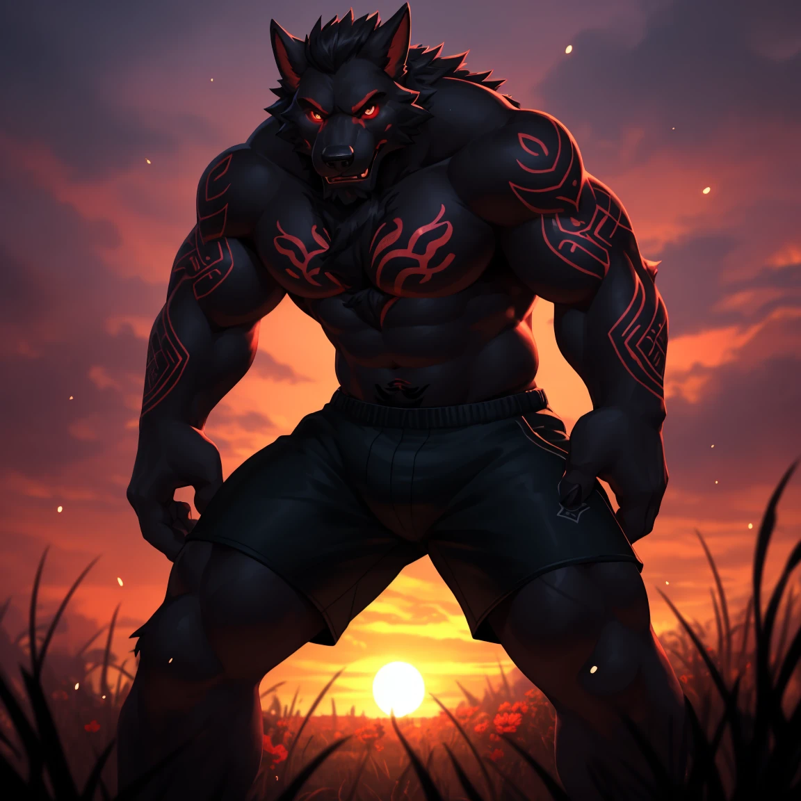 male alpha wolf in garden, black skin, red tattoo, waning moon tattoo on chest, ((heterochromia, blue left eye, red right eye)) dreamy background, kindness, ((serious, frightening expression)), unlimited light, magnificent sunset background, octane render, beautiful features, beautifully detailed eyes, intricate skin, detailed face, perfect skin texture, extreme details, full body vision, cinematic lighting, professional lighting, centered, looking at the camera, 8k, shooting with Hasselblad X1D-50, maximum focus, depth of field, perfect lighting, light particles, (best quality), (masterpiece), (ultra detailed), sharp focus, light particles, standing, black shorts, standing, detailed legs, detailed paws,
