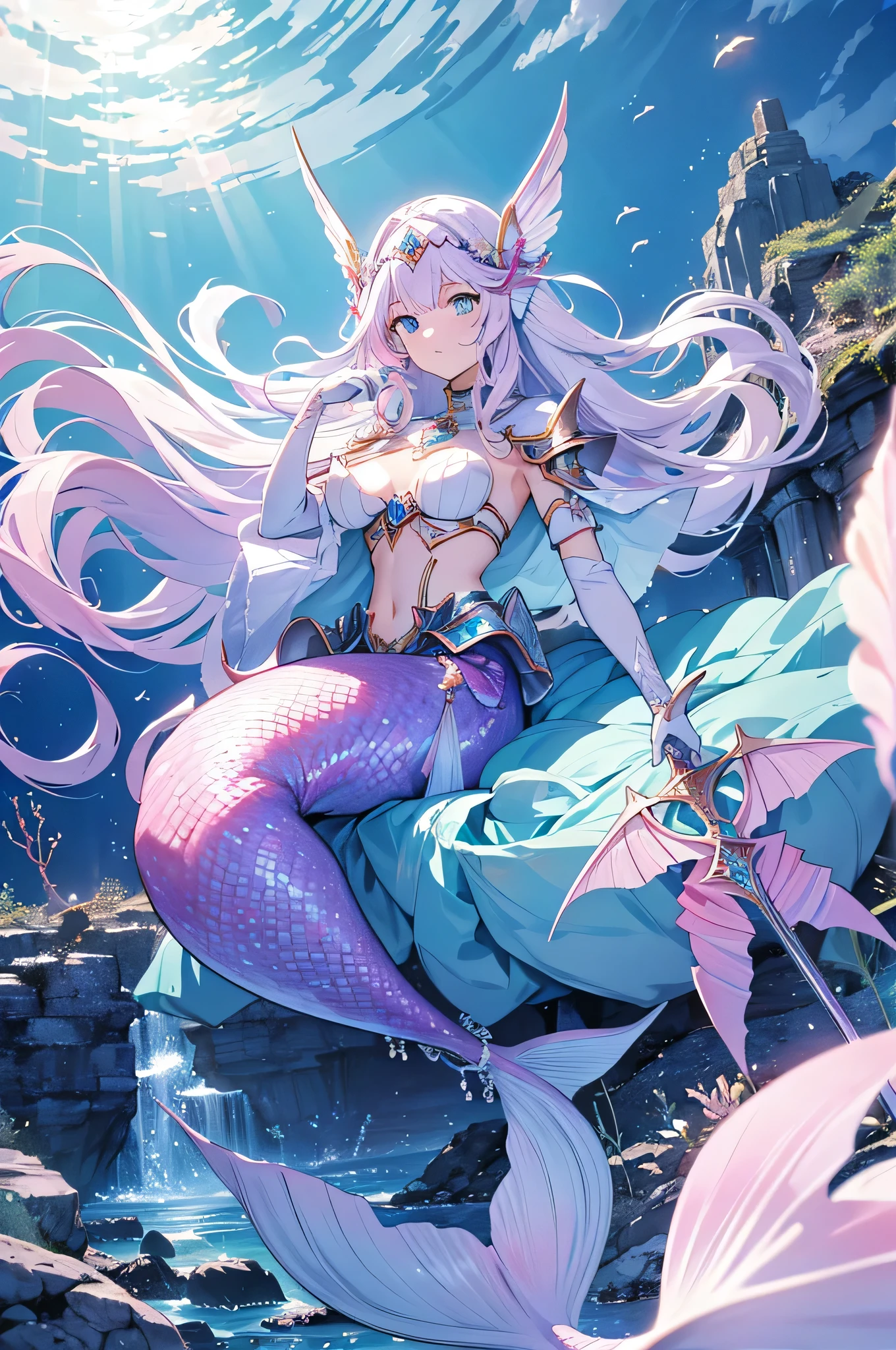 4k,High resolution,One Woman,mermaid,Green Hair,long hair,Braid,Blue Eyes,Big Breasts,The Little Mermaid,Princess Knight,armor,Full Armor,Princess Tiara,Jewelry decoration,Pearl decoration,gun,In the water,Undersea Temple
