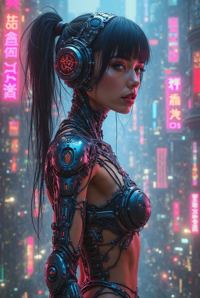 a beautiful cyberpunk woman, intricate cybernetic details, glowing neon lights, futuristic cityscape background, cinematic lighting, hyper detailed, photorealistic, 8k, masterpiece, digital art