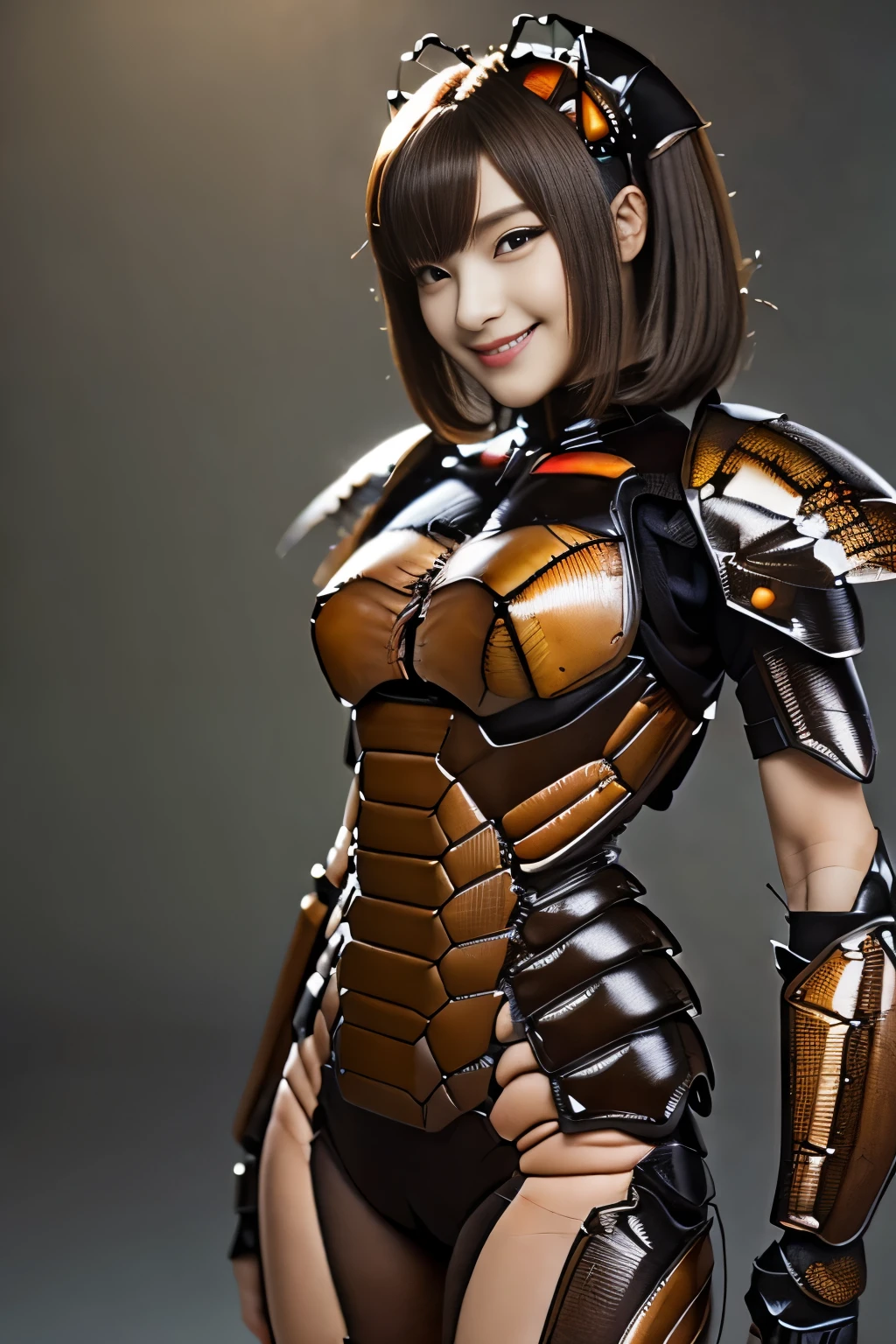 (High resolution,masterpiece,highest quality,Very detailed CG, anime, official art:1.4), realistic, photograph, amazing detail, all complicated, luster and luster,great many layers, 8k wallpaper, 3D, sketch, cute, figure,( alone:1.4), perfect female proportions,villain's daughter, (Fusion of dark brown cockroach and lady:1.4), (brown cockroach form lady:1.2), (brown cockroach woman:1.2), (Fusion:1.2), (alone:1.4), (evil smile:1.2), muscular, abs, (Cockroach brown exoskeleton bio insect suit:1.4), (Cockroach brown exoskeleton bio insect armor:1.2), (brown transparent cockroach feathers:1.4), (brown cockroach antenna:1.3),