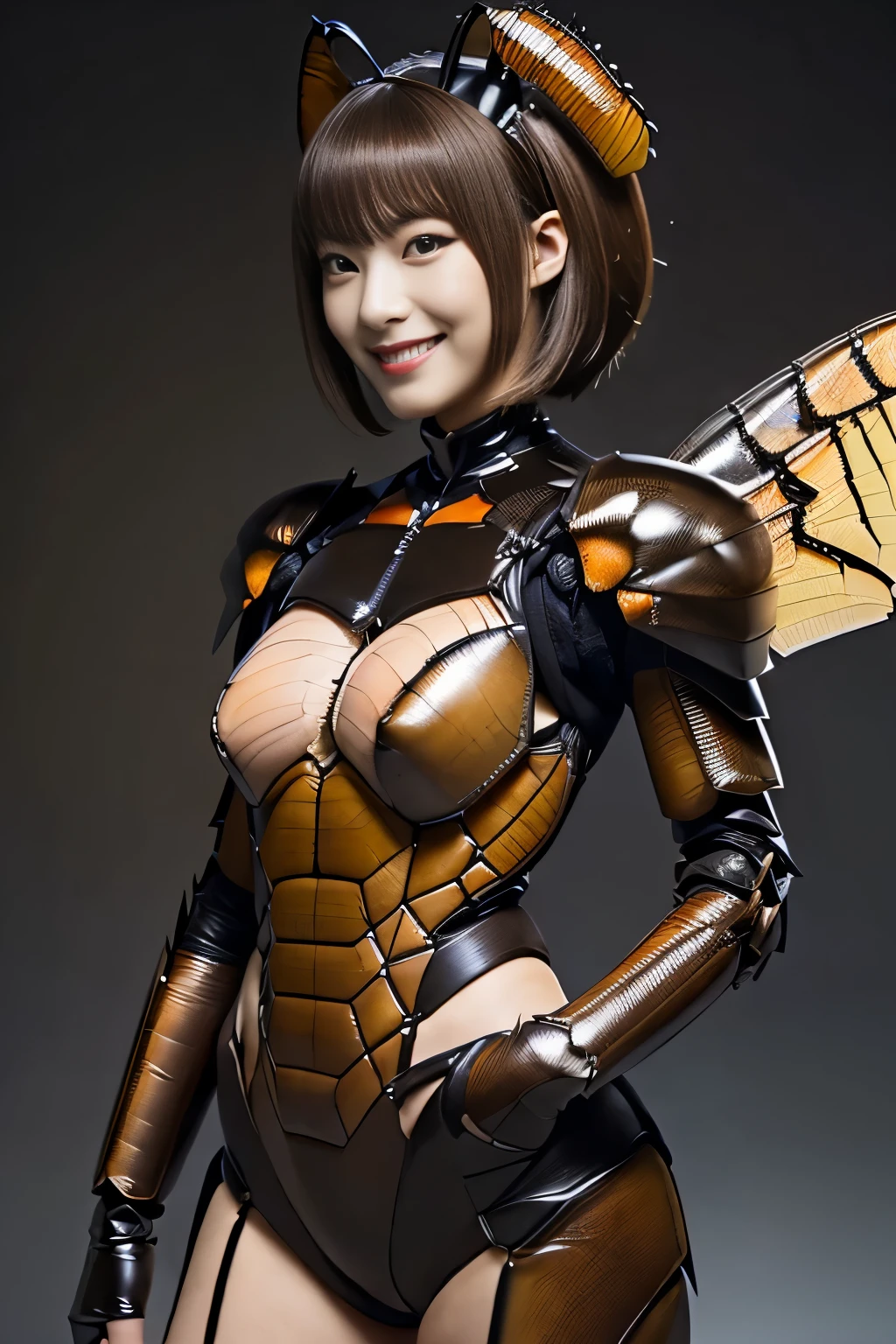 (high resolution,masterpiece,best quality,extremely detailed CG, anime, official art:1.4), realistic, photo, amazing fine details, all intricate, gloss and shiny,awesome many layers, 8k wall paper, 3d, sketch, kawaii, illustration,( solo:1.4), perfect female proportion,villainess, (fusion of dark brown cockroach and lady:1.4), (brown cockroach form lady:1.2), (brown cockroach lady:1.2), (fusion:1.2), (solo:1.4), (evil smile:1.2), muscular, abs, (cockroach brown exoskeleton bio insect suit:1.4), (cockroach brown exoskeleton bio insect armor:1.2), (brown transparency cockroach wing:1.4), (brown cockroach antennae:1.3),