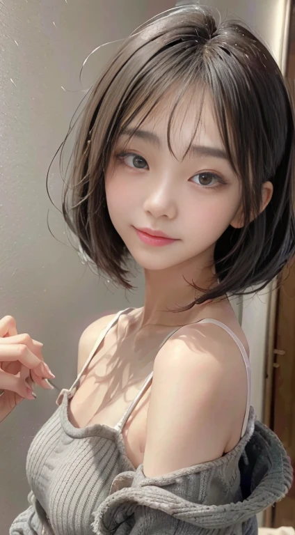 (top quality, 8k, masterpiece: 1.3), pretty woman with perfect figure: 1.4, dark brown hair, big, wearing pendants, torn shorts, sleeping in bedroom, very detailed face and skin, detailed eyes, double eyelids, top quality, masterpiece, (photorealistic: 1.4), one woman, golden ratio, high angle shot, upper eye care, low angle shot, perfect face, beautiful figure, cute face, face close-up, zoom in on face, short bob, short hair, smile from different angles, smile, gloss, highlight, gloss, glossy on skin, glossy on skin, wet skin, wet, bangs, cute smile, bust, off-shoulder, refreshing charm, elegant, perfect hands, smile from angle, smile, shiny, highlight, glossy skin, bangs, bust, big, Warm off-shoulder, refreshing charm, ears out, gaze to the camera, poses at different angles