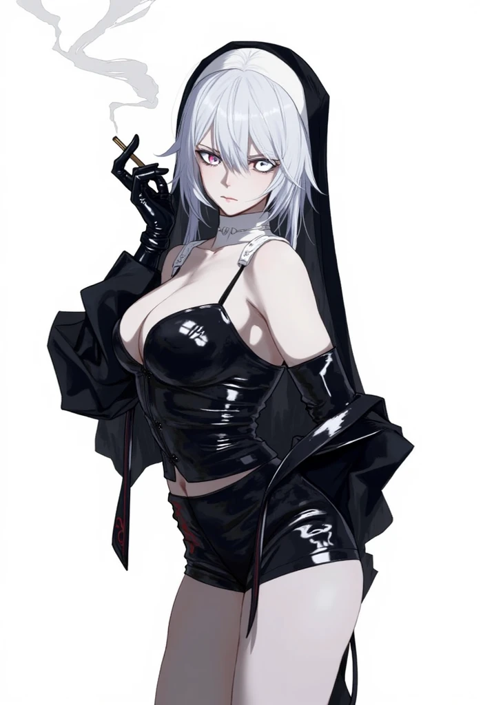 Gothic woman, Yandere Intricate, Demon Cyborg Necromancer Girl, Big Breasts, Female Death, Gapmoe Yandere Grimdark, smug smile, slightly open mouth, long black hair, dark background, deep shadows, textured pattern, intricate details in white.