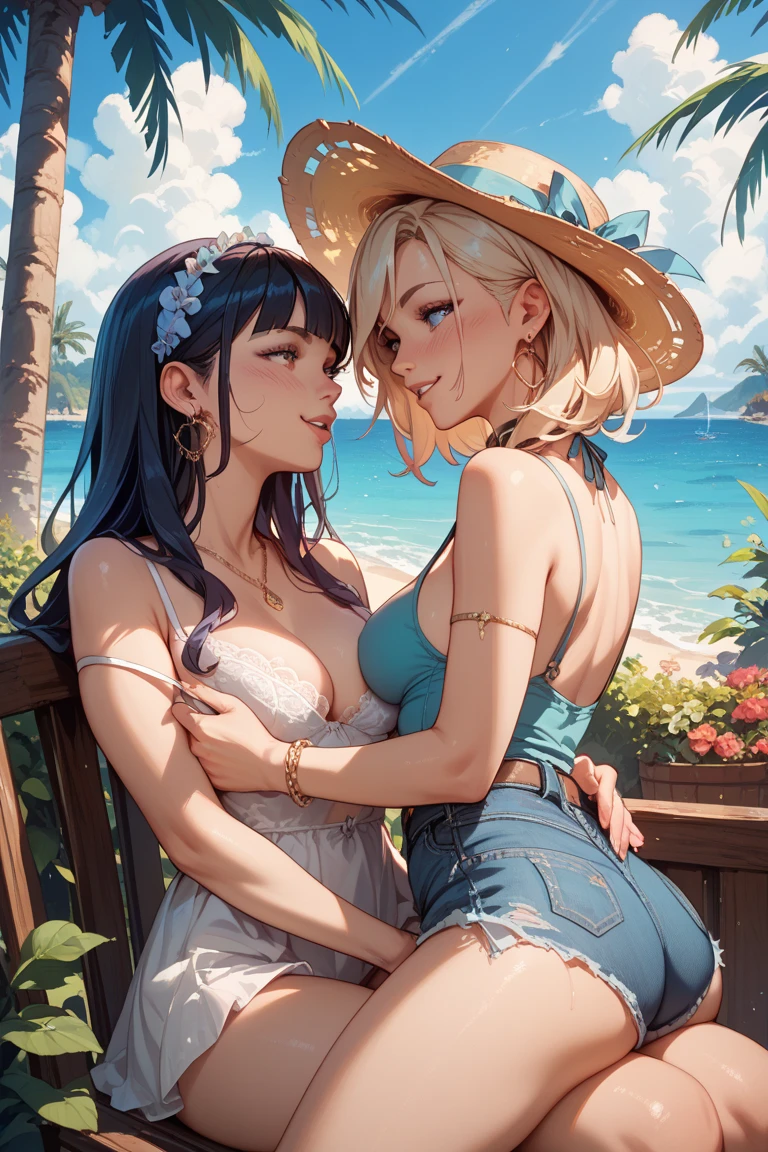 2 girls in, stare at each other, the kiss, secret, beautiful ocean, splash water, Eyes Like Gems,a baby face, huge filesize, ultra-detailliert, hight resolution, ighly detailed, top-quality, masterpiece, Hi-Res, high-level image quality, hiquality, extra detailed face, extremely detailed eye, long eyeslashes, 8k wallpaper, magnifica, finely detail, 电影灯光, Young Face, large full breasts, kirakira, Light in the eyes, Camisole and denim shorts, Shyness, Dye your cheeks,