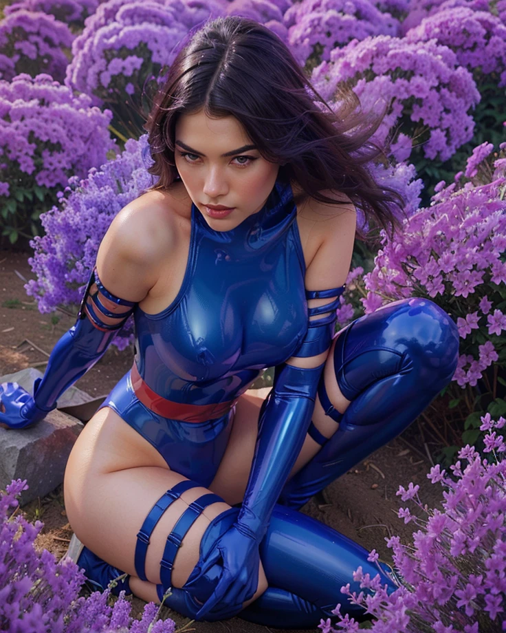 (masterpiece, 最high quality, 最high quality, official art, beautiful and aesthetic:1.2), (1 girl)beautiful body, be familiar with face, maximum details, neutral color, HDR, calm colors, soft movie-like light, hyperbe familiar with, masterpiece, 8K, wallpaper, (be familiar with), high quality, ((high be familiar with skin, skin details)), sharp focus, 8K uhd, film grain,((open legs)),squatting,((ground level shot)),HiyamaSaya cosplaying as Psylocke,purple hair,suffer,erect nipples,pubic hair,