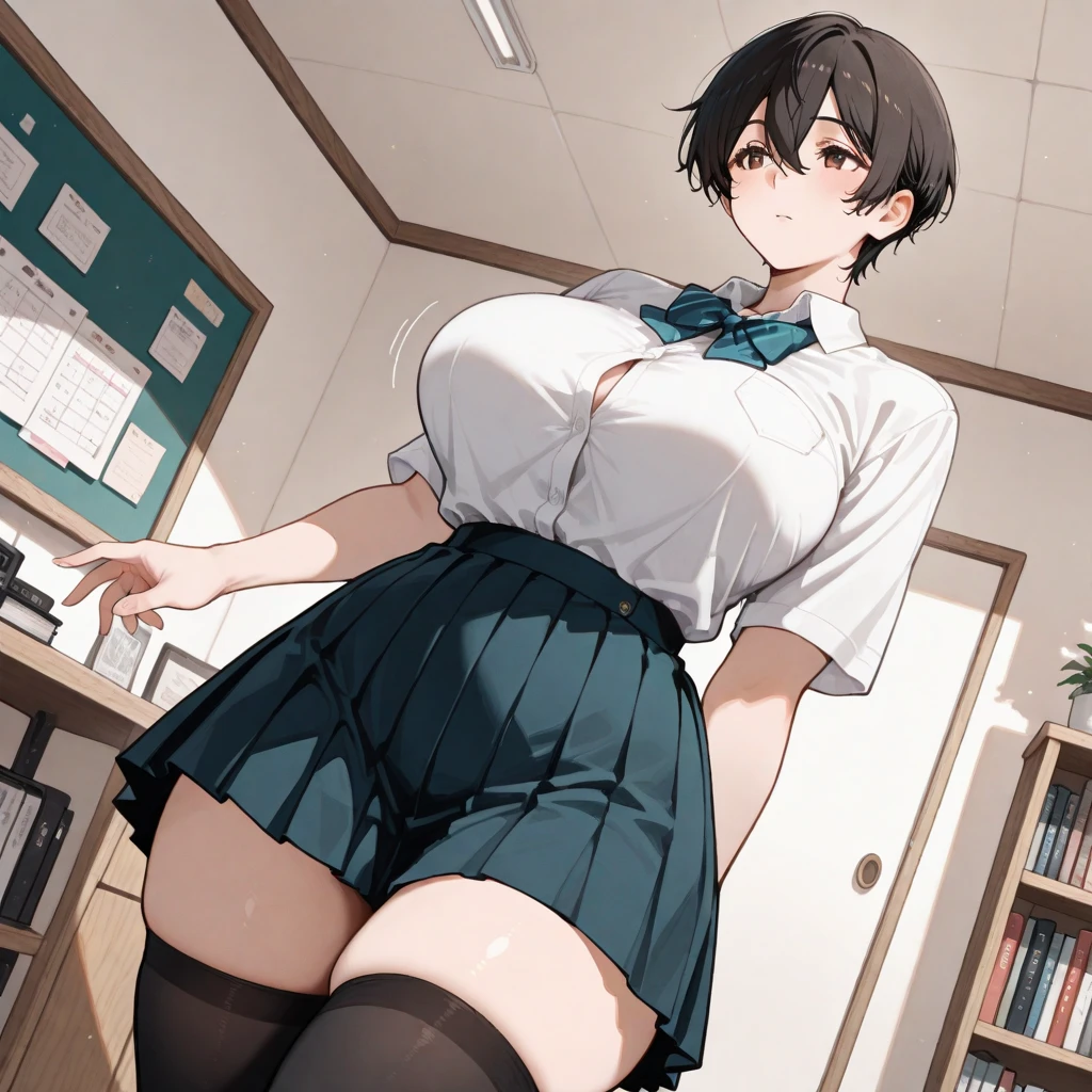 {lady with shoulder-length black hair named Rico}, business suits,tall,''short hair,lovestruck,grossy lips, (It feels like saying Hello, daytime hours), indoor,{going out style}, ((Heart-shaped choker) ), (office room), Bright background,purple eyes, Mole under the eye, Heart-shaped purpils, ((Masterpiece)), Highly detailed CG Unity 8k wallpaper), Top quality,, Detailed background, beautifully detailed eyes, heart shaped pupils,hollow eyes, looking at viewer,(very delicate and beautiful)), ((beautiful) eyes (detailed description),extra large breasts, ,floating heart,sadistic smile,growing eyes,try to show me legs,sitting on chair,black lace,shirts,earring,from ,stick out ass,tight skirt,thighhigh,put hands on skirt,glowing eyes,,garter,no sleeve,summer sweater,masterpiece,turtleneck,upper body,from below,footjob