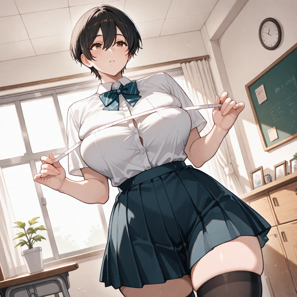 (masterpiece), best quality, expressive eyes, perfect face, 1woman, solo, mature woman, ((female teacher, pencil skirt, mini skirt, stockings:1.6)), glasses, brown hair, short hair, large breast, large butt, cleavage, thighs, full body, smile, ((turn up the skirt)), spread legs, low view, classroom,