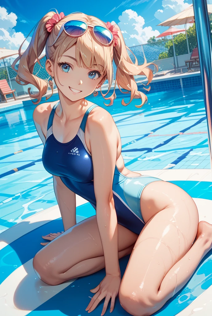 top-quality、supreme1People Girls,hightquality,A detailed face、A detailed eye、Detailed nose、Detailed mouth、 Beautiful expression, ((masuter piece)), ((High resolution)), ((Best Quality)), detail, ((Skin shiny with sweat)), (Competitive swimsuit:1.2)、 ((((Sitting by the pool)))), girl with, a blond, (Half Twin Tail)、((posterior view:1.3、s ass))、fair white skin:1.3、、Smaller chest, cinmatic lighting, perfectly shaded,(((in poolside))), Realistic lighting with shades,Reflecting the whole body