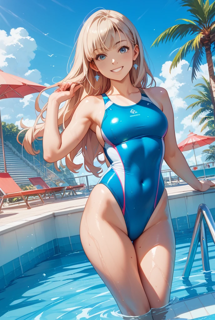 Super detailed, Sharp focus, Highest quality, masterpiece, colorful, Maria Campbell, One girl, Blonde, Full Body Shot, blush, Intricate details, Glossy Lips, Indoor swimming pool, One piece swimsuit